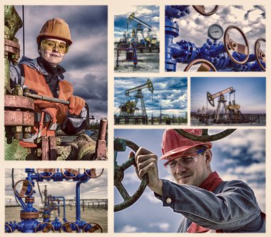 Kaygılanacak kafa tamiri kadın mühendis yakınındaki iyi kafa Vana, pompa jack, iyi kafa adam mühendis resimlerini oluşan kolaj.