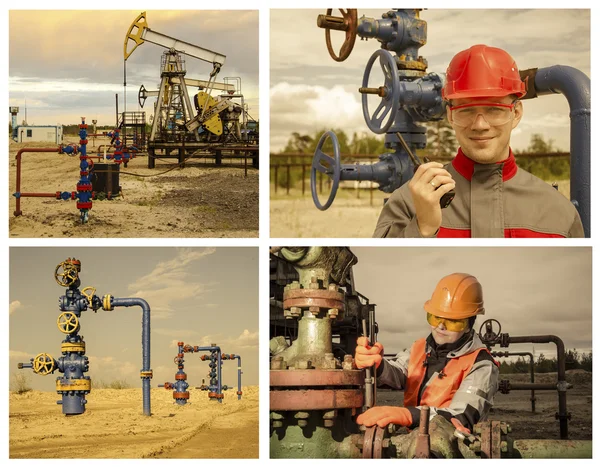 Collage consisting of pictures of pump jack, well head, man engineer talking on the radio, woman engineer repairing weel head.