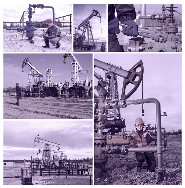 Collage que consiste en imágenes del gato de la bomba, ingeniero del hombre cerca de la cabeza del pozo, otro hombre que habla en la radio, ingeniero de la mujer que repara la cabeza del weel . —  Fotos de Stock