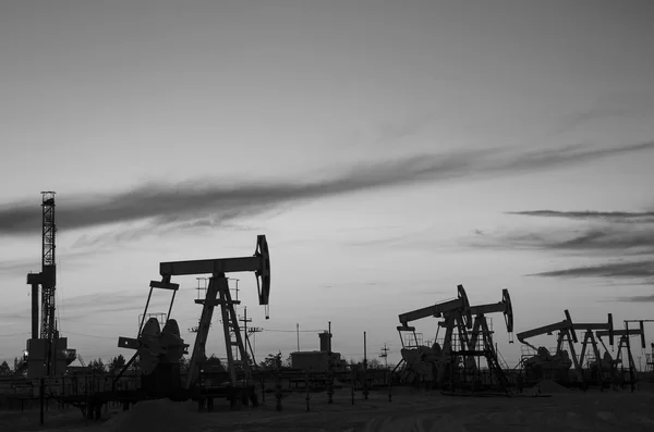 Campo petrolífero durante o pôr do sol — Fotografia de Stock