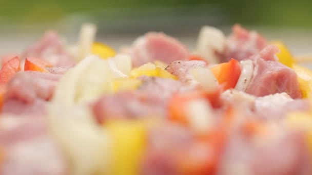 Crude shish kebab on skewers closeup. Onion, red pepper, yellow pepper — Stock Video