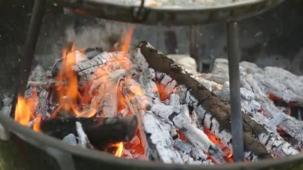 Жареный картофель с луком и розмарином в чугунной сковороде гриль — стоковое видео