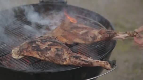 Ham op een ronde grill — Stockvideo