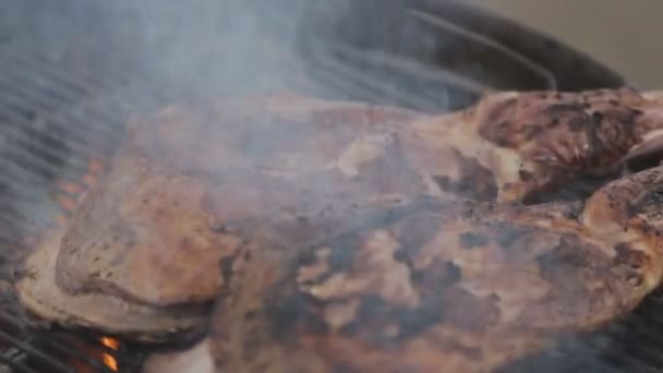 Ham op een ronde grill — Stockvideo