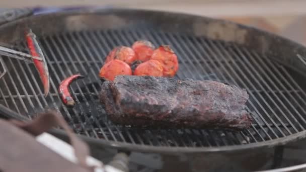 Paprika, tomater, grillat kött — Stockvideo