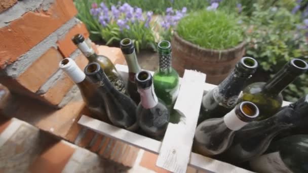 Порожні пляшки на фоні цегли — стокове відео
