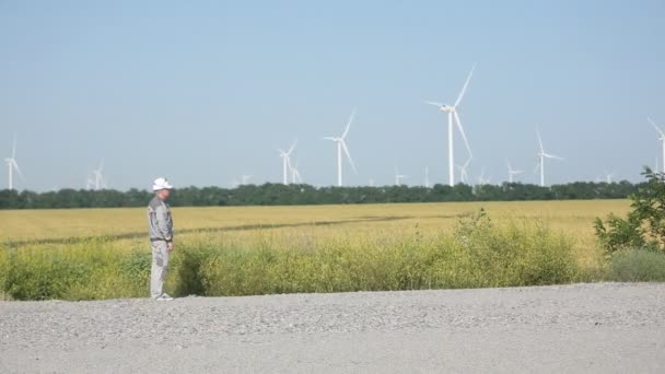 Vindkraftverk på ett vete fält i sommar — Stockvideo