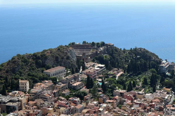 Taormina Sicilia Italia Agosto 2020 Panorama Desde Sendero Crucis Monte — Foto de Stock