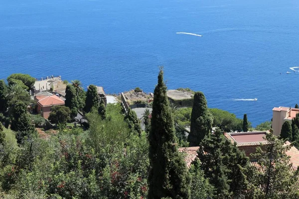 Taormina Sicilya Talya Ağustos 2020 Yunan Tiyatrosundan Panoramik Bir Bakış — Stok fotoğraf