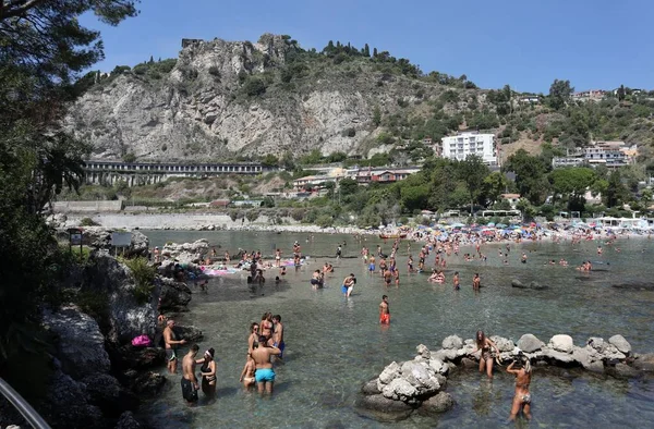 Taormina Sicily Italy August 2020 Coastal Panorama Isola Bella — Stock Photo, Image