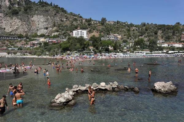 Taormina Sicily Italy August 2020 Coastal Panorama Isola Bella — Stock Photo, Image