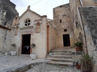 Matera, Basilicata, İtalya - 3 Kasım 2019: 16. yüzyıla dayanan Sant 'Antonio Mağara Kilisesi