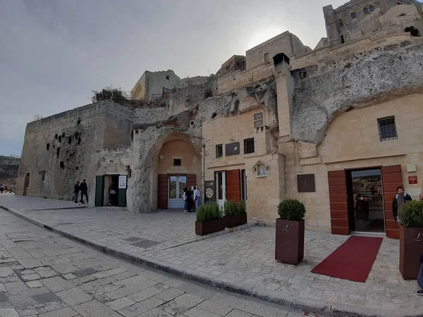 Matera Basilicate Italie Novembre 2019 Commerces Restaurants Dans Centre Historique — Photo