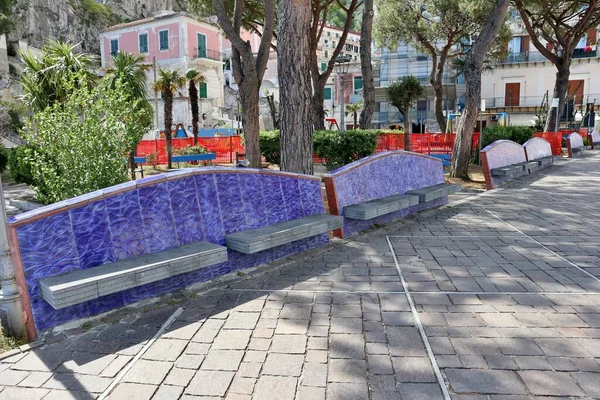 Cetara Campania Italy May 2021 Ceramic Designer Bench Seafront Marina — 图库照片