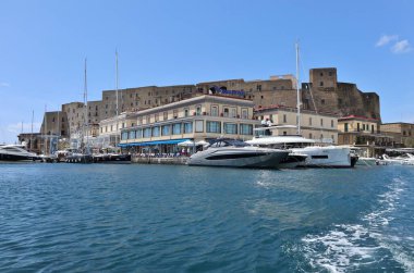Naples, Campania, Italy - May 14, 2021: Panoramic view of Borgo Marinari from the boat