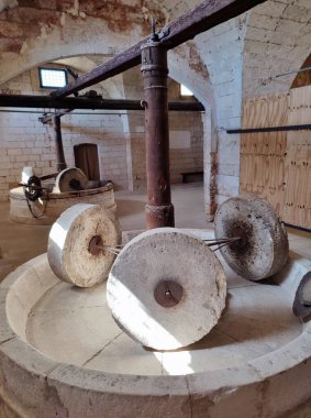 Casalabate, Campania, İtalya 18 Eylül 2025: Santa Maria di Cerrate Manastırı 'ndaki çiftçinin evinin bodrumunda lamba yağı üretildi.