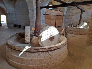 Casalabate, Campania, İtalya 18 Eylül 2025: Santa Maria di Cerrate Manastırı 'ndaki çiftçinin evinin bodrumunda lamba yağı üretildi.