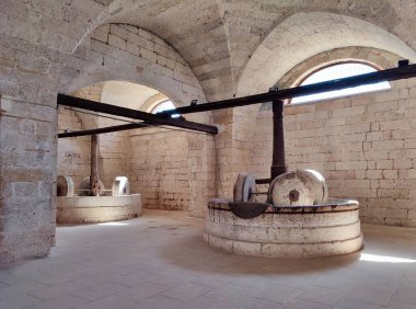 Casalabate, Campania, İtalya 18 Eylül 2025: Santa Maria di Cerrate Manastırı 'ndaki çiftçinin evinin bodrumunda lamba yağı üretildi.