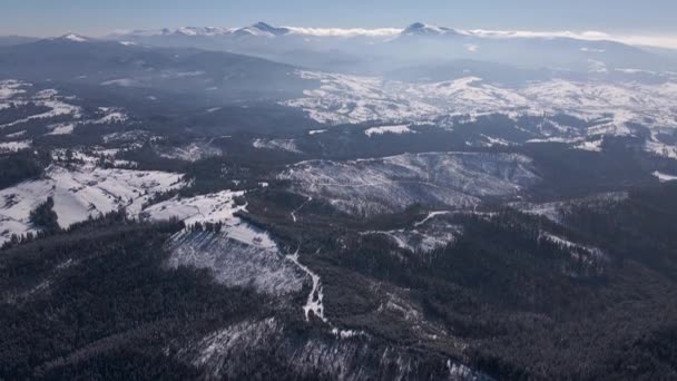 Живописный пейзаж Карпат, две самые высокие горы Украины Говерла и Петрос в солнечный зимний день, Воздушный беспилотник View 4k Видео — стоковое видео