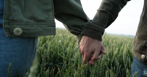 Vista frontal del hombre y la mujer vestidos como en la chaqueta de oliva sosteniendo por las manos y caminando al aire libre en el campo — Vídeos de Stock