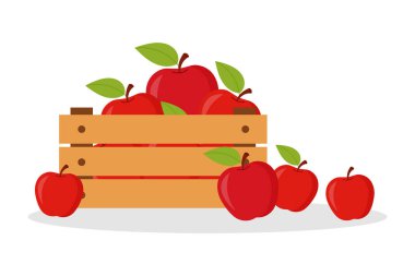 Ahşap bir kutuda elmalarla elle çizilmiş kompozisyon. En az meyve illüstrasyonu.