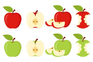 Çizgi film kesilmiş elma dilimleri ve ısırılmış meyveler, minimalist modern tarz..