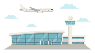 Kontrol kulesi olan havaalanı terminali binası. Seyahat temaları, ulaşım materyalleri, turist bilgi grafikleri, şehir altyapı tasarımları ve harita elementleri için ideal.