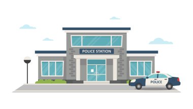 Polis karakolu binasının düz çizimi. Şehir haritaları, kentsel altyapı temaları, kamu hizmetleri grafikleri, güvenlik kavramları ve eğitim materyalleri için uygundur.