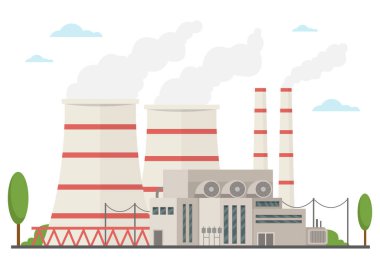 Soğutma kuleleri ve endüstriyel yapıları olan bir elektrik santralinin düz çizimi. Enerji temaları, elektrik üretimi, çevresel materyaller ve endüstriyel bilgi grafikleri için ideal