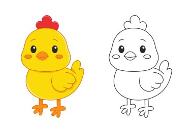 Anaokulu öğrencileri için basit ve şirin kız boyama sayfası. Yavru tavuğun ana hatları eğlence ve erken öğrenme içindir. Bahar ve Paskalya temaları için ideal.