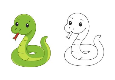 Çocuklar için dost canlısı yılan boyama sayfası. Çizgi film sürüngeni karalama stilinde çizilmiş, okul öncesi öğrenim için mükemmel, orman temalı aktiviteler, basılabilir eğitim kağıtları, ve çocuk boyama kitapları