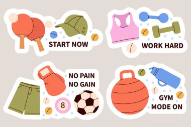 Çizgi film stili spor malzemelerinin çıkartması. Farklı kompozisyon, vurgulama ekipmanı, aksesuarlar ve aktivite öğeleri. Dijital planlamacılar, dergiler, posterler, okul projeleri için ideal