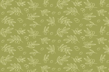 Yeşil arka planda minimalist beyaz çizgili zeytin dalları olan kusursuz vektör deseni. Çevre dostu ambalaj, tekstil ve duvar kağıdı tasarımı için zarif organik doku.