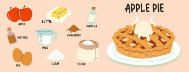 Klasik bir elmalı turta tarifinin vektör çizimi. Elma, tarçın ve un gibi el yapımı malzemelerin şık bir düzeni var. Yemek kitapları, mutfak dekorasyonu ve yemek blogları için mükemmel..