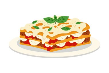 İştah açıcı İtalyan lazanyası. Makarna, et sosu ve fesleğenle kaplanmış erimiş peynir. İtalyan yemek markası, dağıtım uygulamaları ve menü tasarımı için mükemmel..