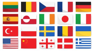 Düz dizayn tarzında dünya bayrakları koleksiyonu. Seyahat uygulamaları, dil seçimi, uluslararası işletmeler ve eğitim için bir dizi ulusal semboller.