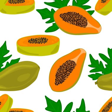 Papaya, bembeyaz yapraksız desenli. Dijital kağıt. Vektör hisse senedi çizimi. EPS 10