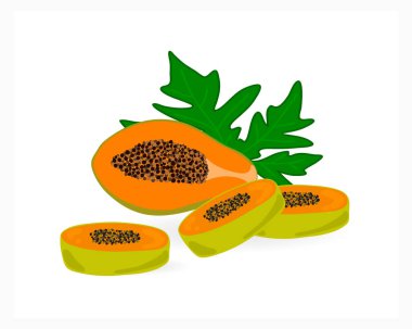 Papaya ve yaprak ikonu beyaza izole edilmiş. Tatlı yemek. Vektör hisse senedi çizimi. EPS 10