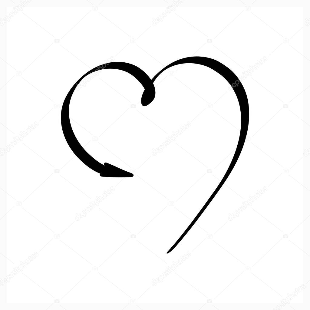 Doodle arrow with heart icon isolated on white. Hand drawing art line. Sketck vector stock illustration. EPS 10