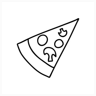 Doodle pizza ikonu beyaza izole edilmiş. Eskiz yemeği. Vektör hisse senedi çizimi. EPS 10