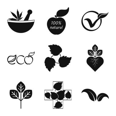 Bitkisel tıp ikonları beyaza izole edilmiş. Stencil eko sembolleri. Vektör hisse senedi çizimi. EPS 10