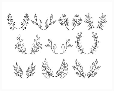 Doodle çelenkleri ikonu beyaza izole etti. Eskiz eko çıkartması. Yapraklı dal. Çerçeve, tasarım için sınır. El boyama çizgisi. Taslak vektör stok çizimi. EPS 10