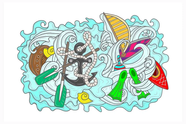 Doodle Meer Farbig Mit Yacht Boot Paddel Flossen Muschel Und — Stockvektor