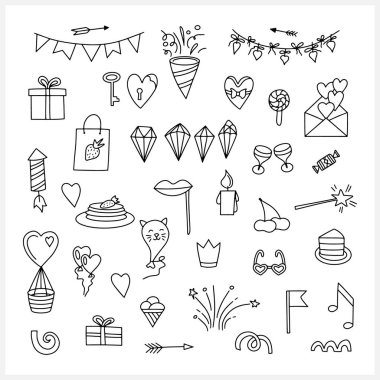 Romantik set simgeleri beyaza izole edilmiş. Velentine sanat hattı. Düğün, aşk ya da doğum günü eskizi. Taslak vektör stok çizimi. EPS 10