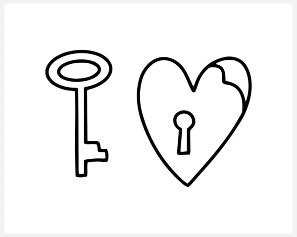 Doodle Hart Key Icon Geïsoleerd Wit Valentijnsdag Symbool Vector Stock — Stockvector