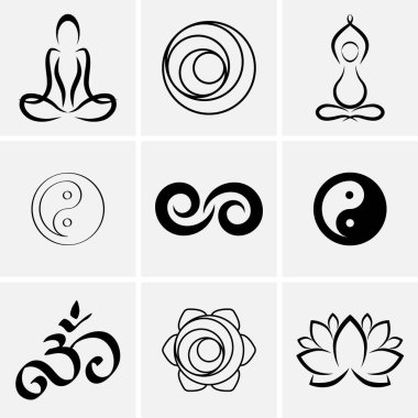 Yoga sembolleri. Doğulu tasarım elemanı. El çizimi simgesi. Doodle vektör stok çizimi. EPS 10