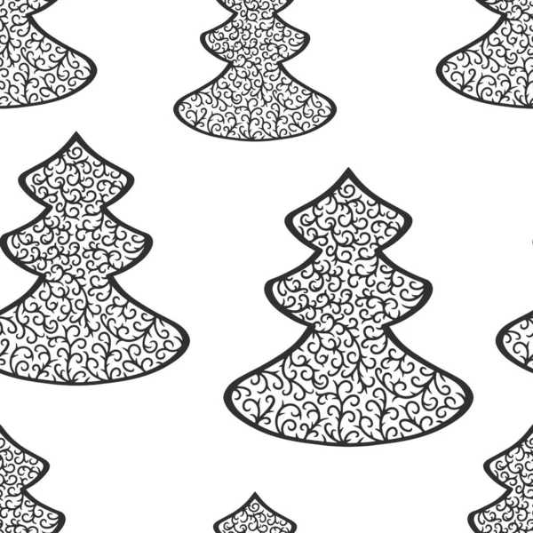 Doodle Naadloos Patroon Geïsoleerd Wit Schets Kerstboom Vector Stock Illustratie — Stockvector