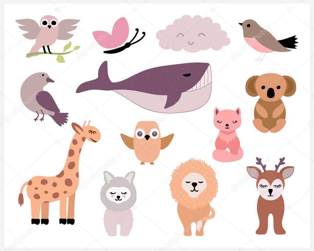 Doodle animals set icon isolated on white. Cartoon vector stock illustration. EPS 10