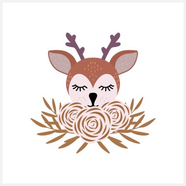 Çelenkli çizgi film geyiği. Elle çizilmiş vektör çizimi. EPS 10