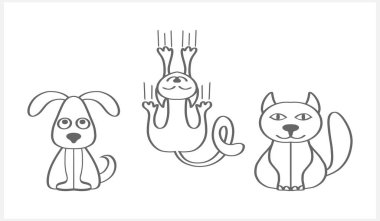 Doodle Cat ve Dog Clipart beyazda izole edilmiş. El çizimi sanat çizgisi. Çizim hayvanı. Vektör hisse senedi çizimi. EPS 10